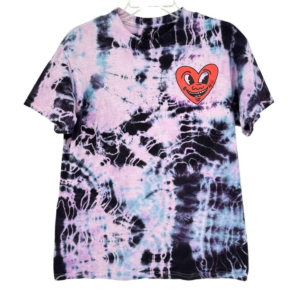 Keith Haring Heart Graphic Tie Dye Tee Womens M Y2K Street Art Pop Art